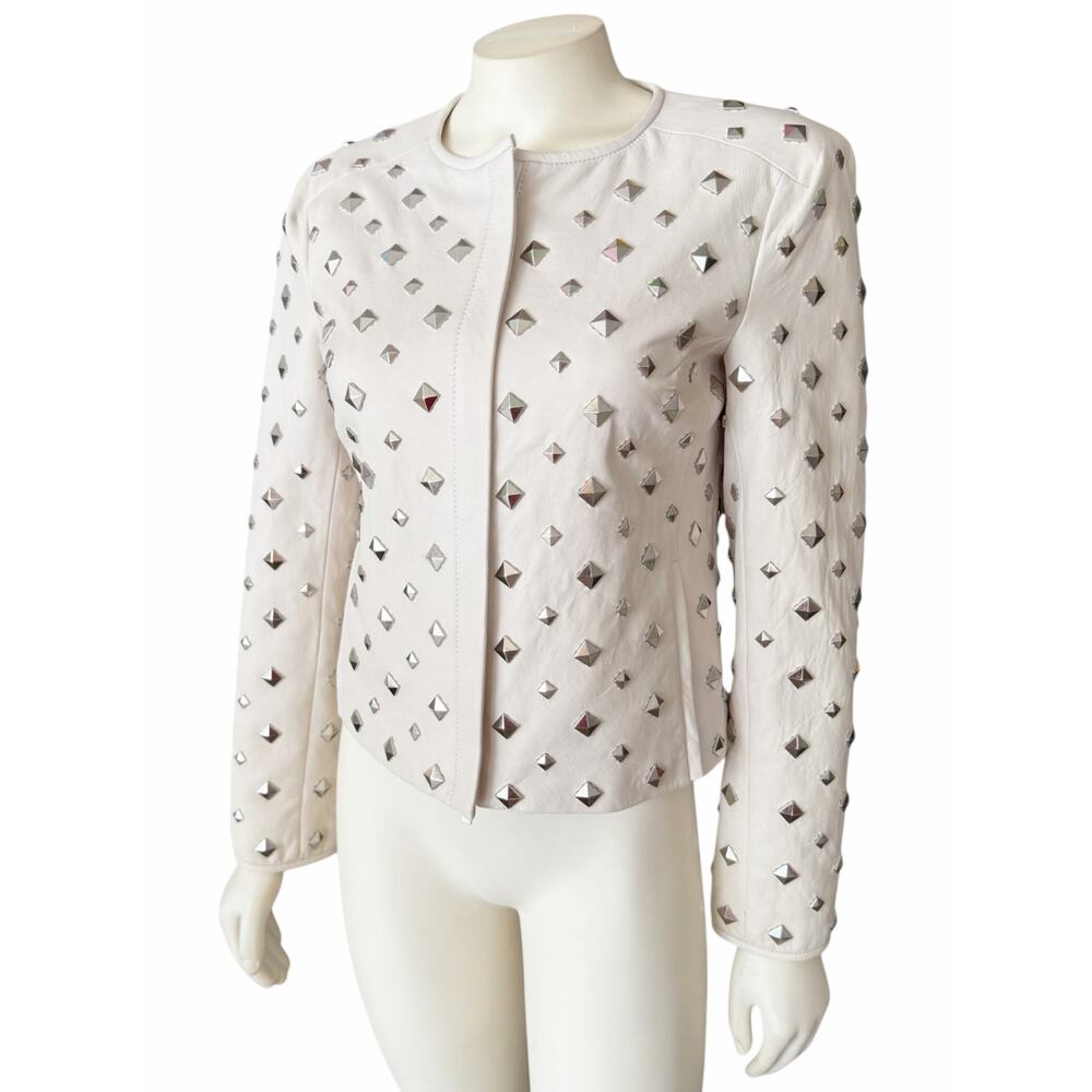 Diane Von Furstenberg Kate Leather Studded Cream Silver Jacket Sz 2 - Picture 2 of 16